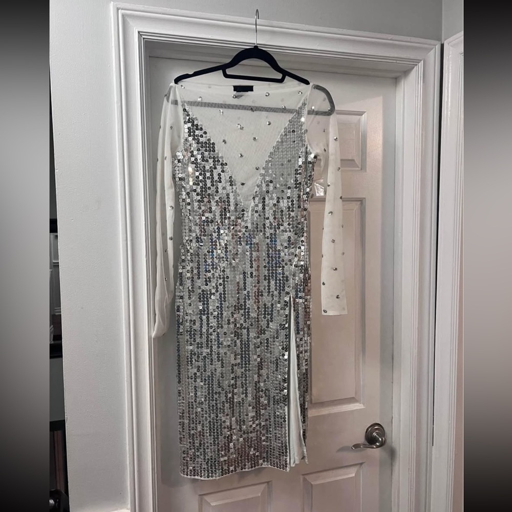 h:ours Silver Sequin Long Sleeve Sheer Panel Dress